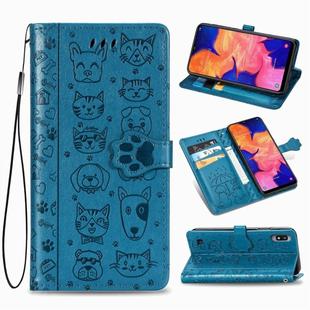 For Galaxy A10 Cute Cat and Dog Embossed Horizontal Flip Leather Case with Bracket / Card Slot / Wallet / Lanyard(Blue)