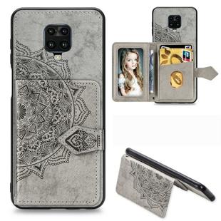 For Xiaomi Redmi Note 9S/Note 9 Pro/Note 9 Pro Max Mandala Embossed Magnetic Cloth PU + TPU + PC Case with Holder & Card Slots & Wallet & Photo Frame & Strap(Gray)