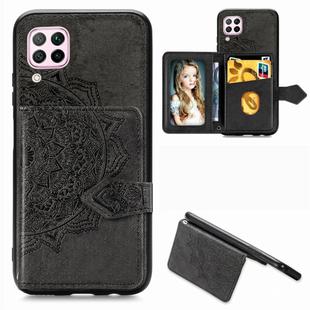 For Huawei P40 Lite/Nova 7i/Nova 6se Mandala Embossed Magnetic Cloth PU + TPU + PC Case with Holder & Card Slots & Wallet & Photo Frame & Strap(Black)