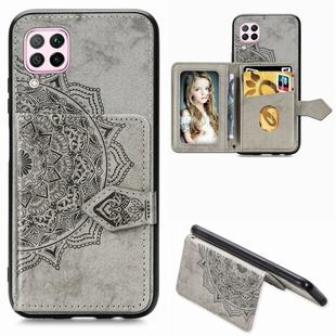 For Huawei P40 Lite/Nova 7i/Nova 6se Mandala Embossed Magnetic Cloth PU + TPU + PC Case with Holder & Card Slots & Wallet & Photo Frame & Strap(Gray)