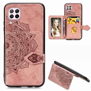 For Huawei P40 Lite/Nova 7i/Nova 6se Mandala Embossed Magnetic Cloth PU + TPU + PC Case with Holder & Card Slots & Wallet & Photo Frame & Strap(Rose Gold)