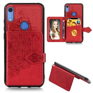 For Huawei Y6s (2019) Mandala Embossed Magnetic Cloth PU + TPU + PC Case with Holder & Card Slots & Wallet & Photo Frame & Strap(Red)