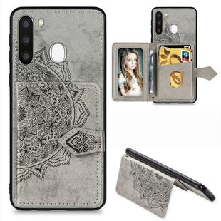 For Galaxy A21 Mandala Embossed Magnetic Cloth PU + TPU + PC Case with Holder & Card Slots & Wallet & Photo Frame & Strap(Gray)