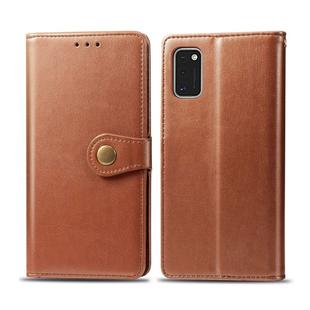 For Galaxy A41 Retro Solid Color Leather Buckle Phone Case with Lanyard & Photo Frame & Card Slot & Wallet & Stand Function(Brown)