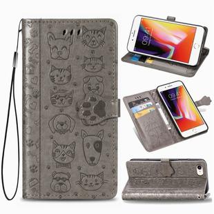For iPhone SE 2022 / SE 2020 Cute Cat and Dog Embossed Horizontal Flip Leather Case with Bracket / Card Slot / Wallet / Lanyard(Gray)