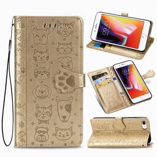 For iPhone SE 2022 / SE 2020 Cute Cat and Dog Embossed Horizontal Flip Leather Case with Bracket / Card Slot / Wallet / Lanyard(Gold)