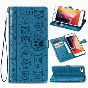 For iPhone SE 2022 / SE 2020 Cute Cat and Dog Embossed Horizontal Flip Leather Case with Bracket / Card Slot / Wallet / Lanyard(Blue)