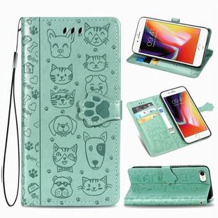 For iPhone SE 2022 / SE 2020 Cute Cat and Dog Embossed Horizontal Flip Leather Case with Bracket / Card Slot / Wallet / Lanyard(Green)