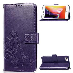 For iPhone SE 2022 / SE 2020 Four-leaf Clasp Embossed Buckle Mobile Phone Protection Leather Case with Lanyard & Card Slot & Wallet & Bracket Function(Purple)