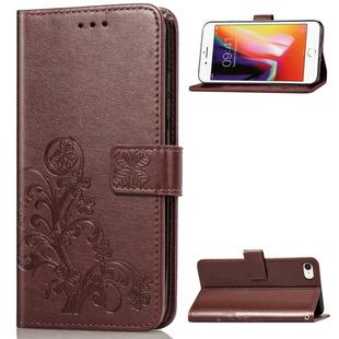 For iPhone SE 2022 / SE 2020 Four-leaf Clasp Embossed Buckle Mobile Phone Protection Leather Case with Lanyard & Card Slot & Wallet & Bracket Function(Brown)
