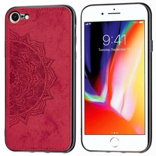 For iPhone SE 2022 / SE 2020 Mandala Embossed Cloth Cover PC + TPU Mobile Phone Case with Magnetic Function and Hand Strap(Red)