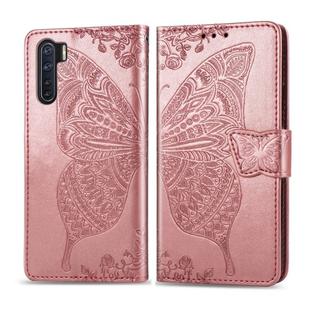 For OPPO F15/A91 Butterfly Love Flower Embossed Horizontal Flip Leather Case with Bracket / Card Slot / Wallet / Lanyard(Rose Gold)
