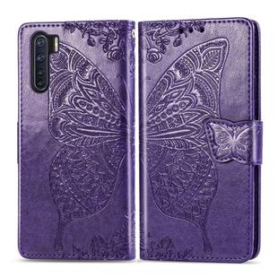 For OPPO F15/A91 Butterfly Love Flower Embossed Horizontal Flip Leather Case with Bracket / Card Slot / Wallet / Lanyard(Dark Purple)