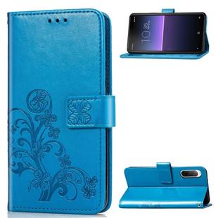 For Sony Xperia 10 II Four-leaf Clasp Embossed Buckle Mobile Phone Protection Leather Case with Lanyard & Card Slot & Wallet & Bracket Function(Blue)