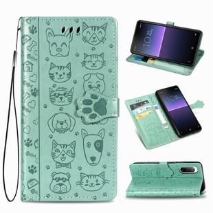For Sony Xperia 10 II Cute Cat and Dog Embossed Horizontal Flip Leather Case with Bracket / Card Slot / Wallet / Lanyard(Green)