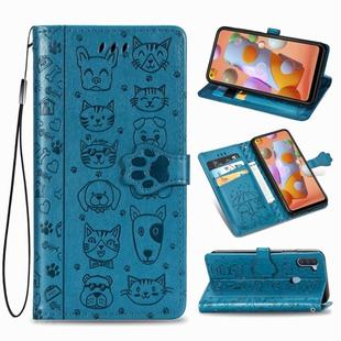 For Galaxy M11 Cute Cat and Dog Embossed Horizontal Flip Leather Case with Bracket / Card Slot / Wallet / Lanyard(Blue)