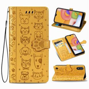 For Galaxy A01 Cute Cat and Dog Embossed Horizontal Flip Leather Case with Bracket / Card Slot / Wallet / Lanyard(Yellow)