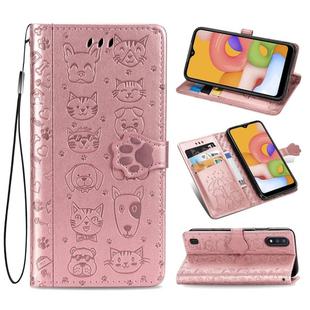 For Galaxy A01 Cute Cat and Dog Embossed Horizontal Flip Leather Case with Bracket / Card Slot / Wallet / Lanyard(Rose Gold)