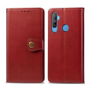 For OPPO Realme C3 Retro Solid Color Leather Buckle Phone Case with Lanyard & Photo Frame & Card Slot & Wallet & Stand Function(Red)