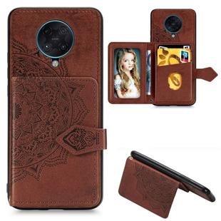 For Xiaomi POCO X2 Mandala Embossed Magnetic Cloth PU + TPU + PC Case with Holder & Card Slots & Wallet & Photo Frame & Strap(Brown)