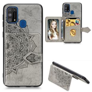 For Galaxy M31 Mandala Embossed Magnetic Cloth PU + TPU + PC Case with Holder & Card Slots & Wallet & Photo Frame & Strap(Gray)