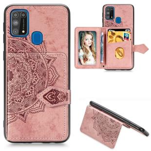 For Galaxy M31 Mandala Embossed Magnetic Cloth PU + TPU + PC Case with Holder & Card Slots & Wallet & Photo Frame & Strap(Rose Gold)