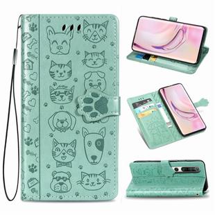 For Xiaomi 10/10 Pro Cute Cat and Dog Embossed Horizontal Flip Leather Case with Bracket / Card Slot / Wallet / Lanyard(Green)