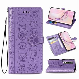 For Xiaomi 10/10 Pro Cute Cat and Dog Embossed Horizontal Flip Leather Case with Bracket / Card Slot / Wallet / Lanyard(Purple)