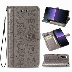 For  Sony Xperia 1 II Cute Cat and Dog Embossed Horizontal Flip Leather Case with Bracket / Card Slot / Wallet / Lanyard(Gray)