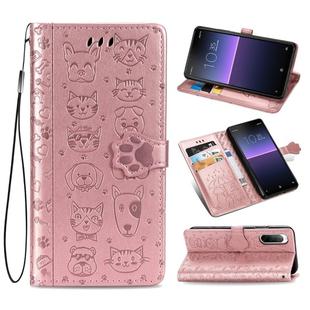 For  Sony Xperia 1 II Cute Cat and Dog Embossed Horizontal Flip Leather Case with Bracket / Card Slot / Wallet / Lanyard(Rose Gold)