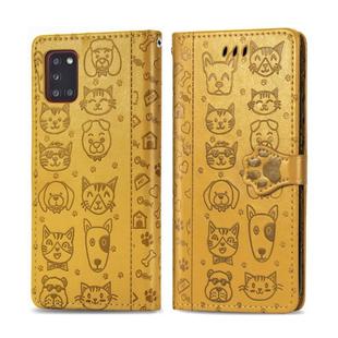 For Galaxy A31 Cute Cat and Dog Embossed Horizontal Flip Leather Case with Bracket / Card Slot / Wallet / Lanyard(Yellow)