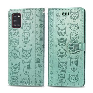 For Galaxy A31 Cute Cat and Dog Embossed Horizontal Flip Leather Case with Bracket / Card Slot / Wallet / Lanyard(Green)