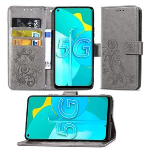 For Huawei Honor 30S Four-leaf Clasp Embossed Buckle Mobile Phone Protection Leather Case with Lanyard & Card Slot & Wallet & Bracket Function(Gray)