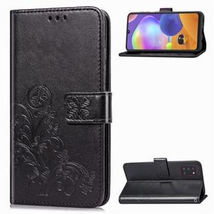 For Galaxy A31 Four-leaf Clasp Embossed Buckle Mobile Phone Protection Leather Case with Lanyard & Card Slot & Wallet & Bracket Function(Black)