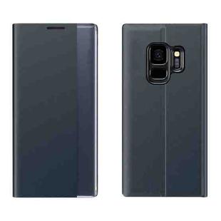 For Galaxy S9 Plain Texture Cloth Attraction Flip Holder Leather Phone Case(Dark Blue)