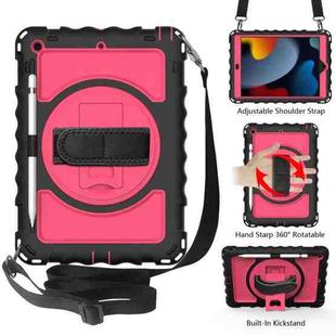 For iPad 10.2 360 Degree Rotating Case with Pencil Holder, Kickstand Shockproof Heavy Duty with Shoulder Strap,Hand Strap(Black+Hot Pink)