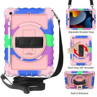 For iPad 10.2 360 Degree Rotating Case with Pencil Holder, Kickstand Shockproof Heavy Duty with Shoulder Strap,Hand Strap(Colorful+Rose Gold)