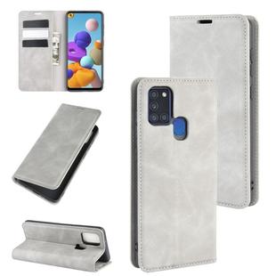 For Galaxy A21s Retro-skin Business Magnetic Suction Leather Case with Holder & Card Slots & Wallet(Grey)