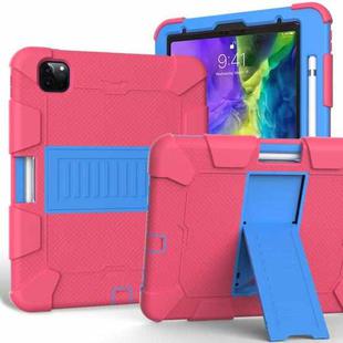 For iPad Pro 11 (2020) Shockproof Two-Color Silicone Protection Tablet Case with Holder & Pen Slot(Hot Pink+Blue)
