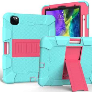 For iPad Pro 11 (2020) Shockproof Two-Color Silicone Protection Tablet Case with Holder & Pen Slot(Aqua+Hot Pink)