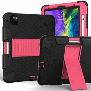 For iPad Pro 11 (2020) Shockproof Two-Color Silicone Protection Tablet Case with Holder & Pen Slot(Black+Hot Pink)