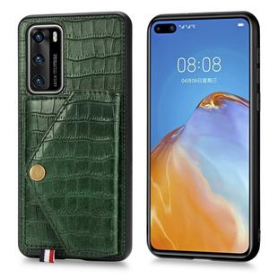 For Huawei P40 Crocodile Pattern PU+TPU+PVC Shatter-resistant Mobile Phone Case with Magnetic Invisible Holder & Holder & Card Slots(Blackish Green)