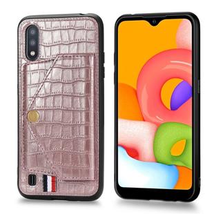 For Galaxy A01 Crocodile Pattern PU+TPU+PVC Shatter-resistant Mobile Phone Case with Magnetic Invisible Holder & Holder & Card Slots(Rose Gold)