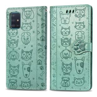 For Galaxy A71 5G Lovely Cat and Dog Embossing Pattern Horizontal Flip Leather Case , with Holder & Card Slots & Wallet & Cartoon Clasp & Lanyard( Green)