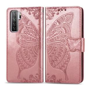 For Huawei Nova 7 SE/P40 Lite 5G Butterfly Love Flower Embossed Horizontal Flip Leather Case with Bracket / Card Slot / Wallet / Lanyard(Rose Gold)