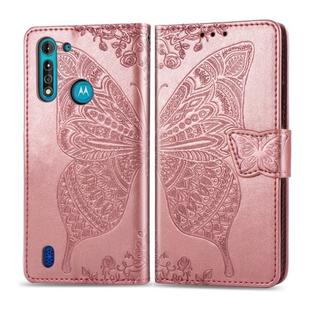 For Moto G8 Power Lite Butterfly Love Flower Embossed Horizontal Flip Leather Case with Bracket / Card Slot / Wallet / Lanyard(Rose Gold)