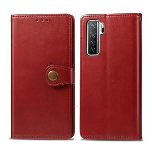 For Huawei Nova 7 SE/P40 Lite 5G Retro Solid Color Leather Buckle Phone Case with Lanyard & Photo Frame & Card Slot & Wallet & Stand Function(Red)