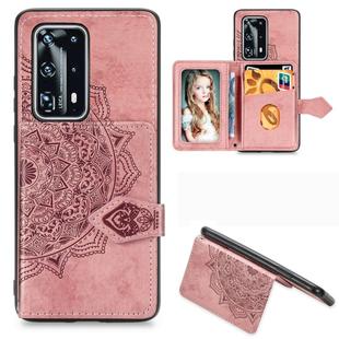 For Huawei P40 Pro+ Mandala Embossed Magnetic Cloth PU + TPU + PC Case with Holder & Card Slots & Wallet & Photo Frame & Strap(Rose Gold)