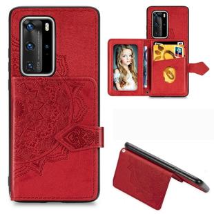 For Huawei P40 Pro Mandala Embossed Magnetic Cloth PU + TPU + PC Case with Holder & Card Slots & Wallet & Photo Frame & Strap(Red)