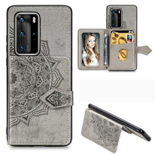 For Huawei P40 Pro Mandala Embossed Magnetic Cloth PU + TPU + PC Case with Holder & Card Slots & Wallet & Photo Frame & Strap(Gray)